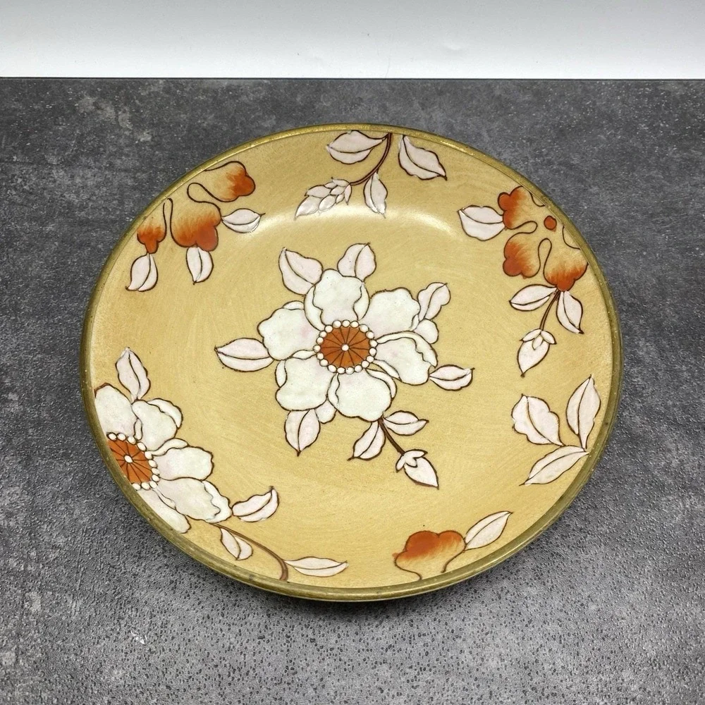 Vintage Crowning Touch Enamel Brass Rim Bowl Floral Asian Hong Kong 7.5